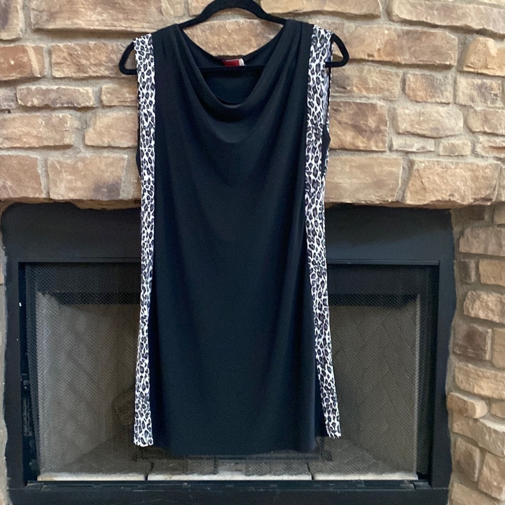 minx black sleeveless dress with black white and gray leopard on sides. Large